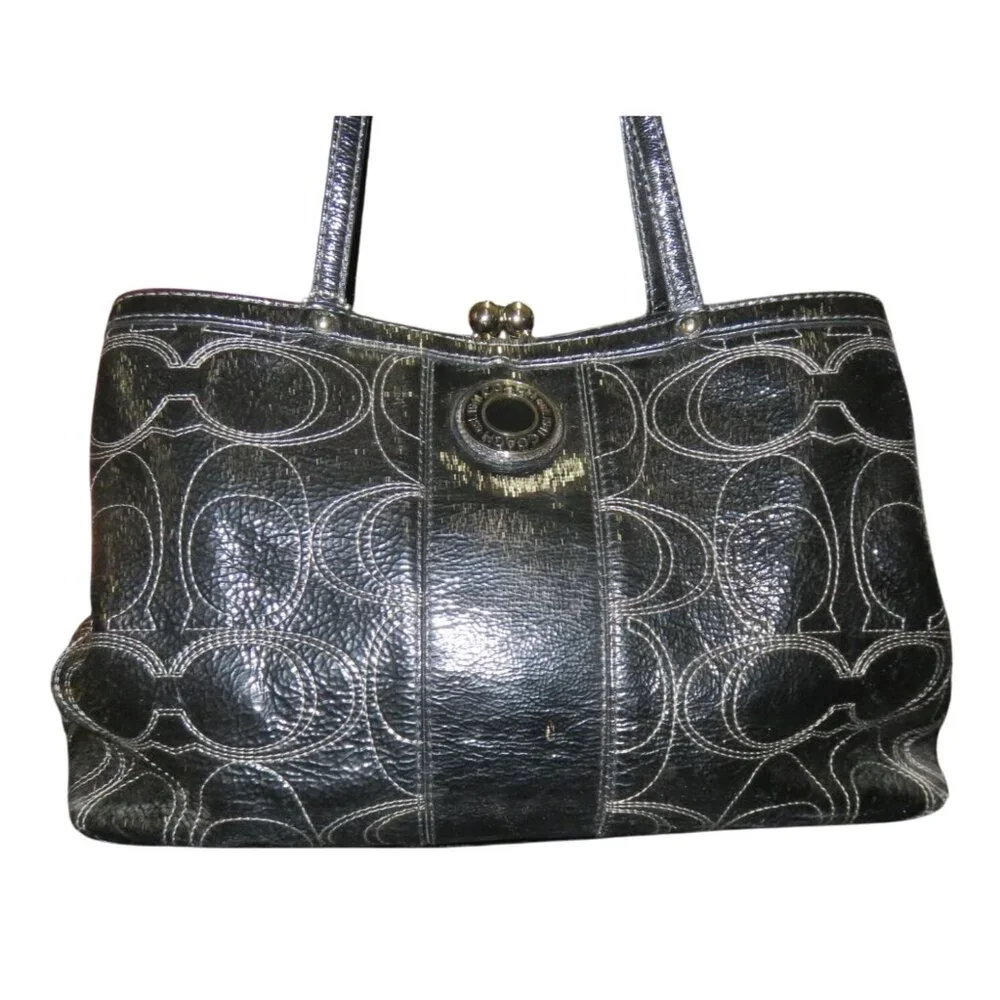 Coach 2012 Black Signature C Stitched Patent Leather Tote Kisslock Handbag